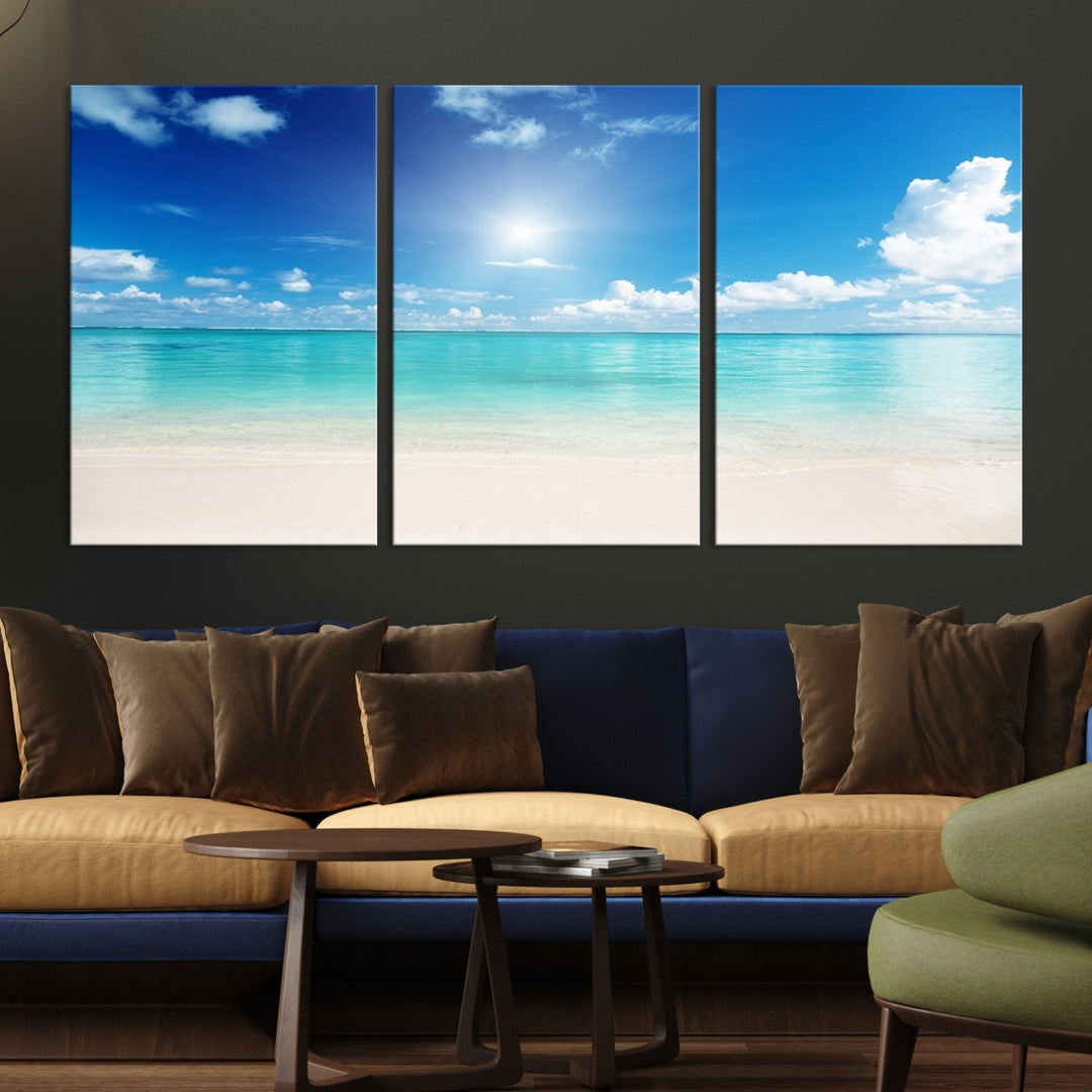 Lienzo de pared grande con vista a la playa y al mar, color azul claro, para comedor, sala de estar, dormitorio, decoración de oficina