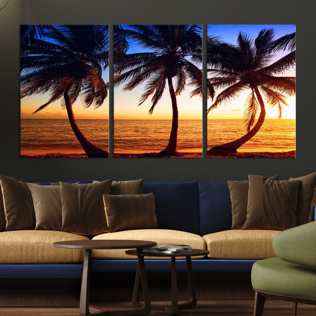 Toile d'art mural avec courbes de palmiers au coucher du soleil sur la plage