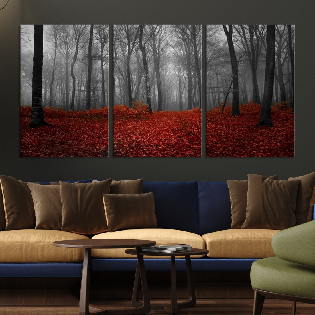 Large Wall Art Landscape Canvas Print - Wonderful Forest with Red Leaves on Ground