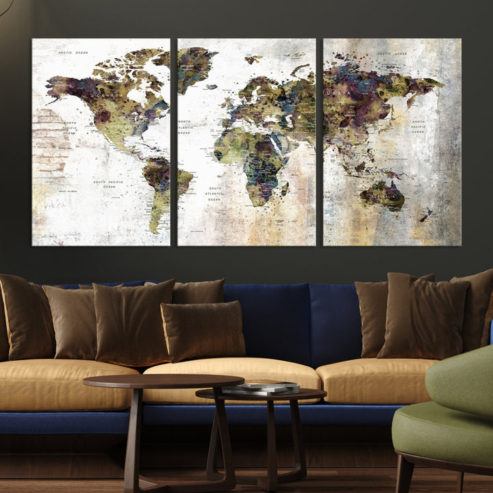 Vintage World Map Wall Art Print Grunge Map on Canvas Gallery Wall Set