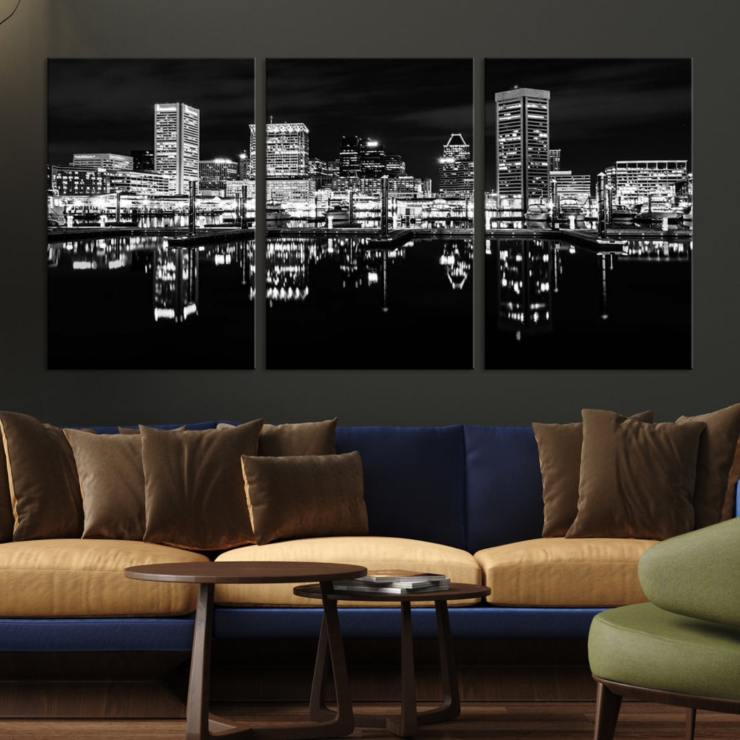 Baltimore City Lights Skyline Art mural noir et blanc Paysage urbain Impression sur toile