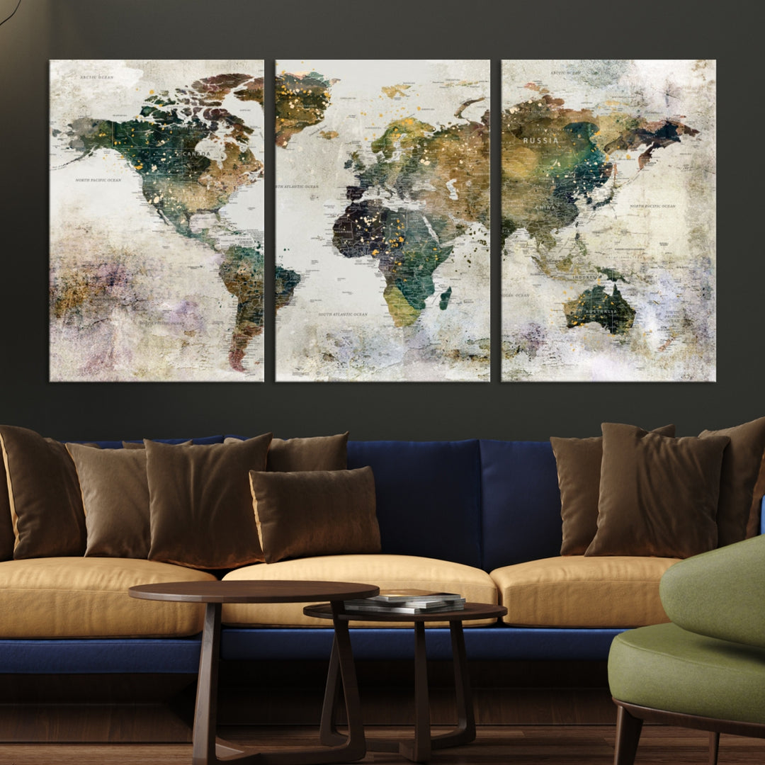 World Map Wall Art Print Map on Canvas Gallery Wall Set of 3 Panels Gift Traveler Map