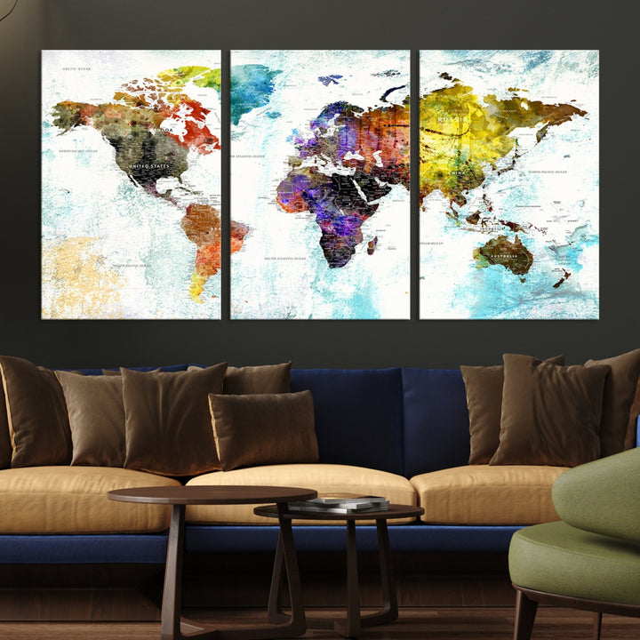 Toile d’art mural carte du monde multicolore