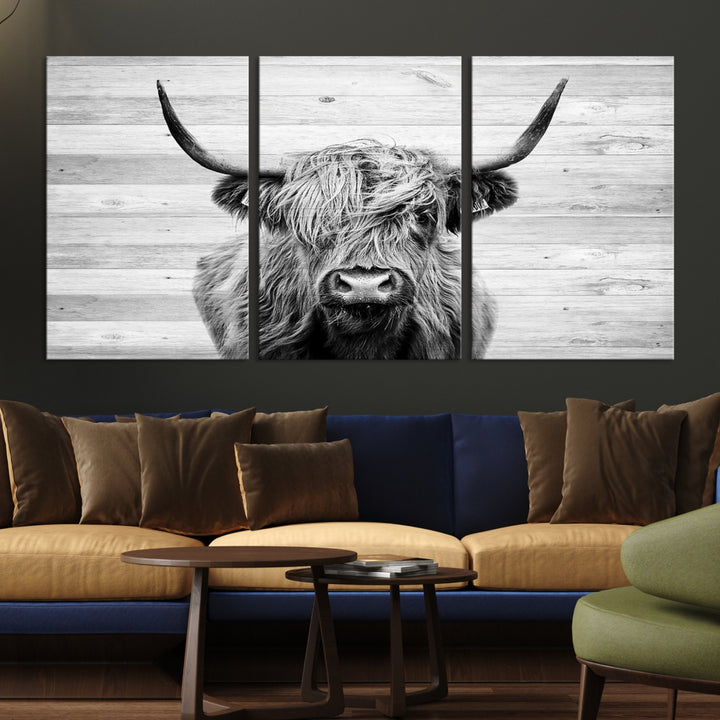 Scottish Highland Cow Cattle Art Print on Wood Background Style