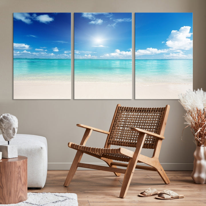 Lienzo de pared grande con vista a la playa y al mar, color azul claro, para comedor, sala de estar, dormitorio, decoración de oficina
