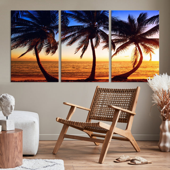 Toile d'art mural avec courbes de palmiers au coucher du soleil sur la plage