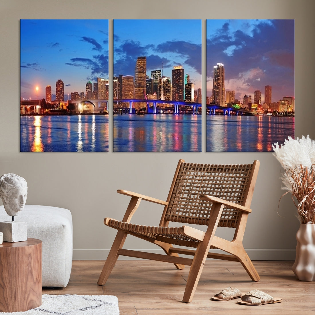 Large Wall Art MIAMI Canvas Print - Miami City Skyline Panorama at Dusk with Urban Skyscrapers and Bridge over Sea with Reflection