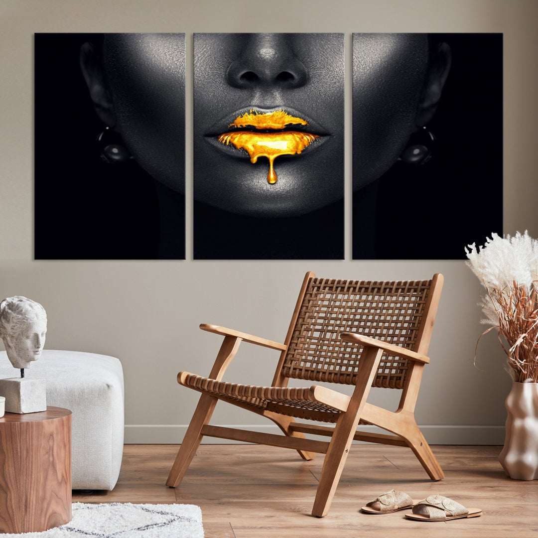 Labios dorados de miel y mujer negra fotografía lienzo pared arte impresión maquillaje lienzo arte labios impresión moda belleza Split