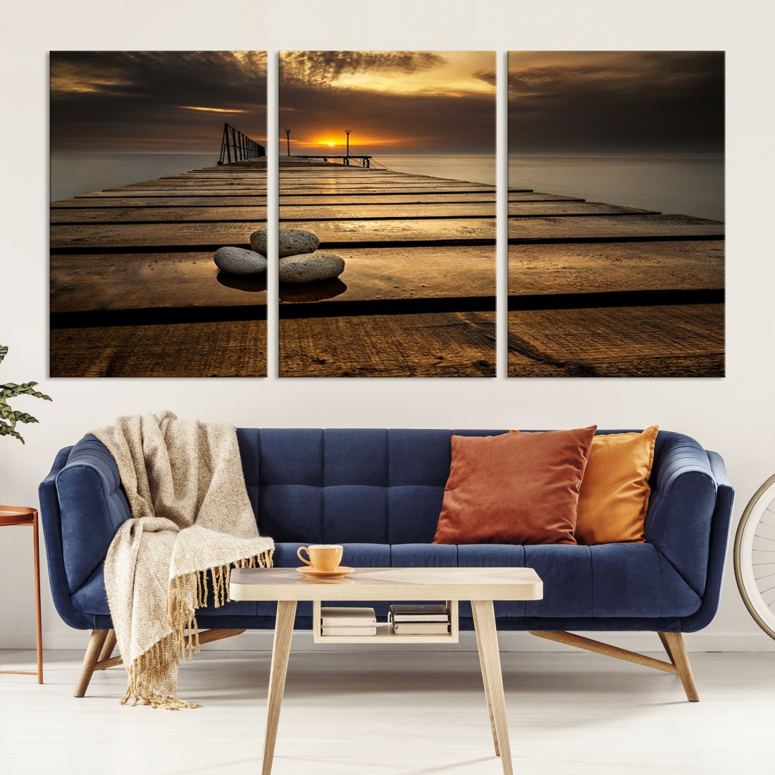 Stones on Wooden Pier at Sunset Large Wall Art Canvas