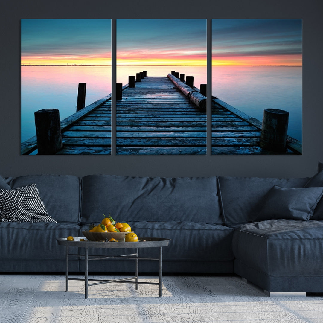 Wall Art Vintage Wooden Pier on Sea at Sunset Canvas Print