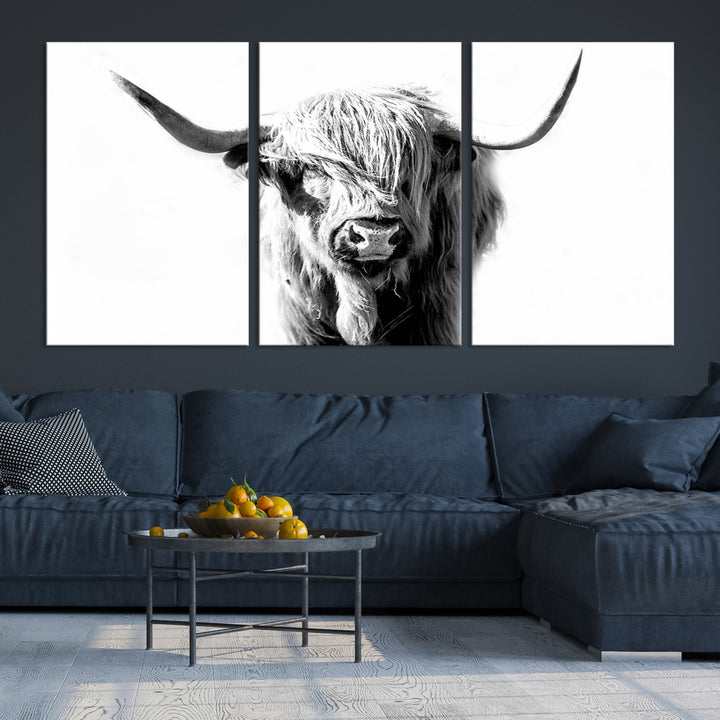Highland Cow Lienzo extra grande para pared, arte de animales lindos, impresión de vaca, naturaleza, lienzo en blanco y negro, decoración de pared enmarcada