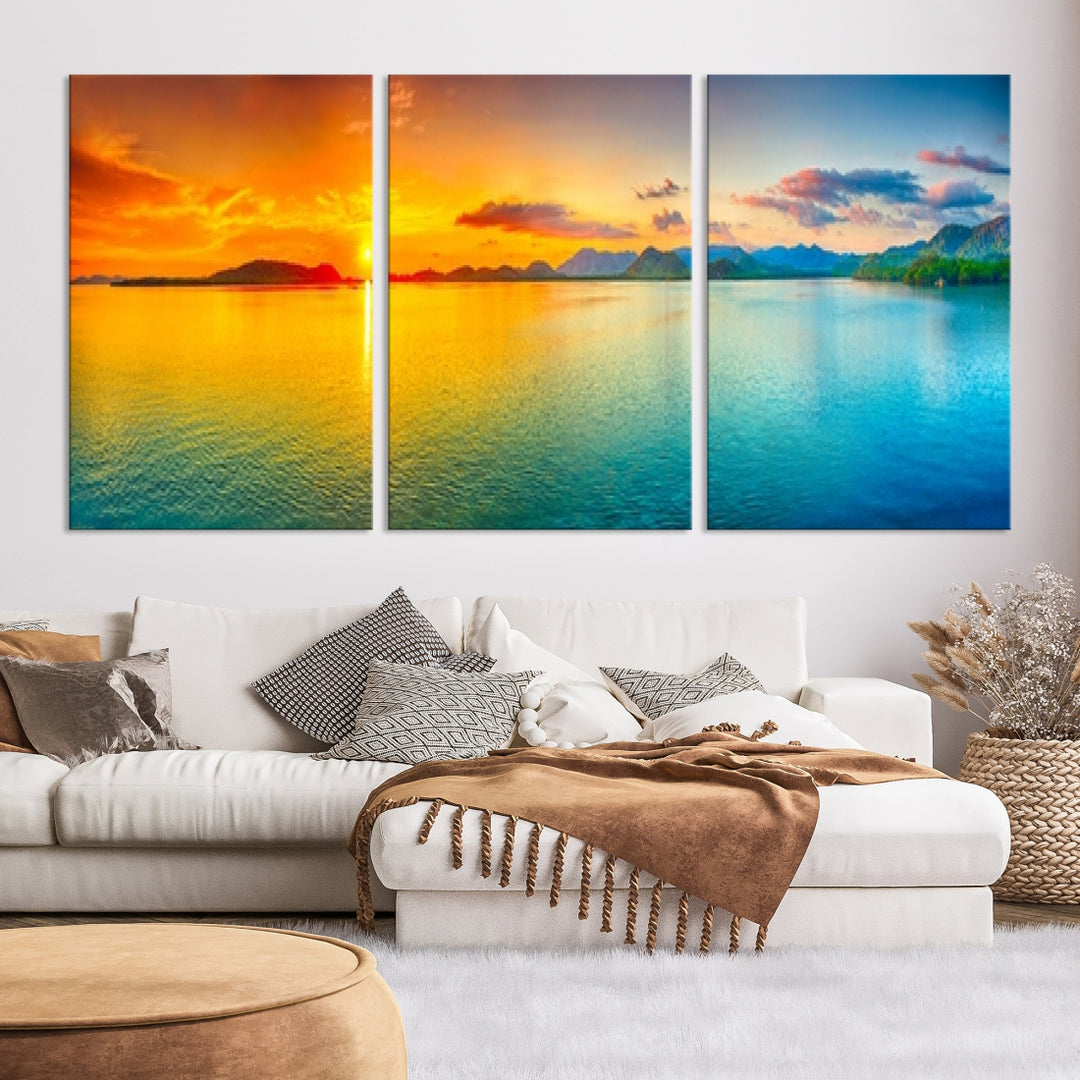 Impresión en lienzo de arte de pared grande, puesta de sol colorida, mar y montaña para decoración de sala de estar