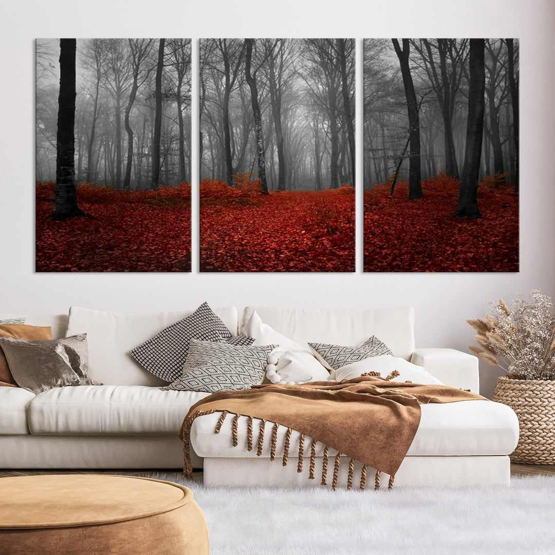 Wall Art Landscape Canvas Print Wonderful Forest with Red Leaves on Ground