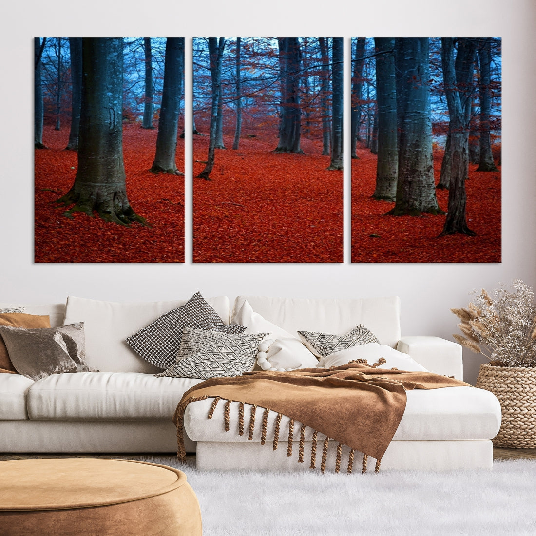 Extra Large Wall Art Landscape Canvas Print - Red Leaves in Blue Forest