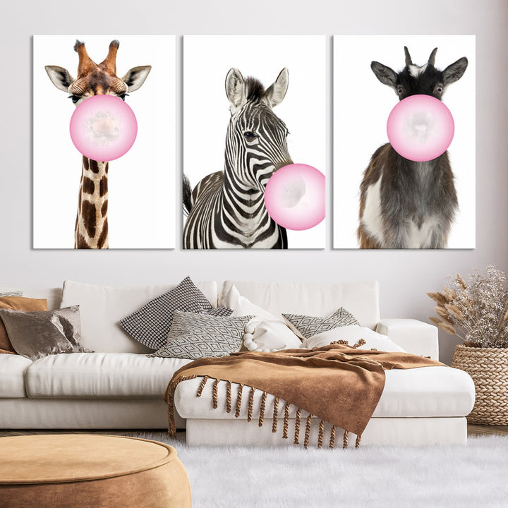 Toile murale avec animaux amusants, chèvre, zèbre, girafe, impression sur toile