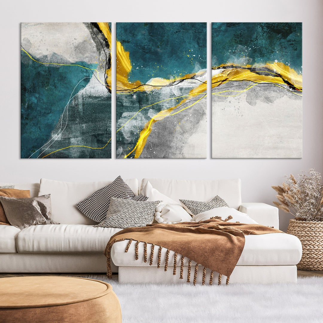 Turquoise Yellow Abstract Canvas Wall Art Print