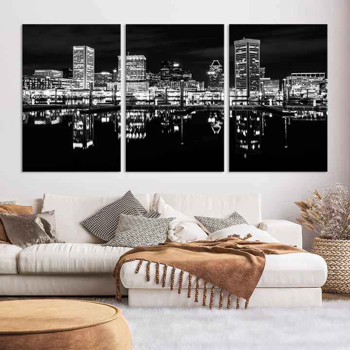 Horizonte de luces de la ciudad de Baltimore Arte de pared en blanco y negro Paisaje urbano Lienzo