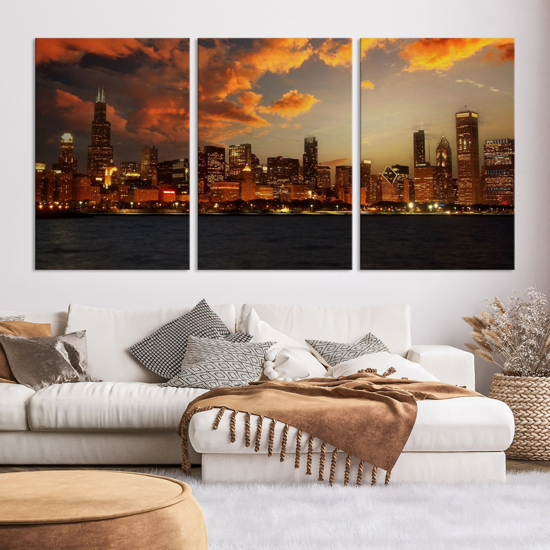 Luces de la ciudad de Chicago Puesta de sol Naranja Horizonte nublado Vista del paisaje urbano Arte de pared grande Lienzo