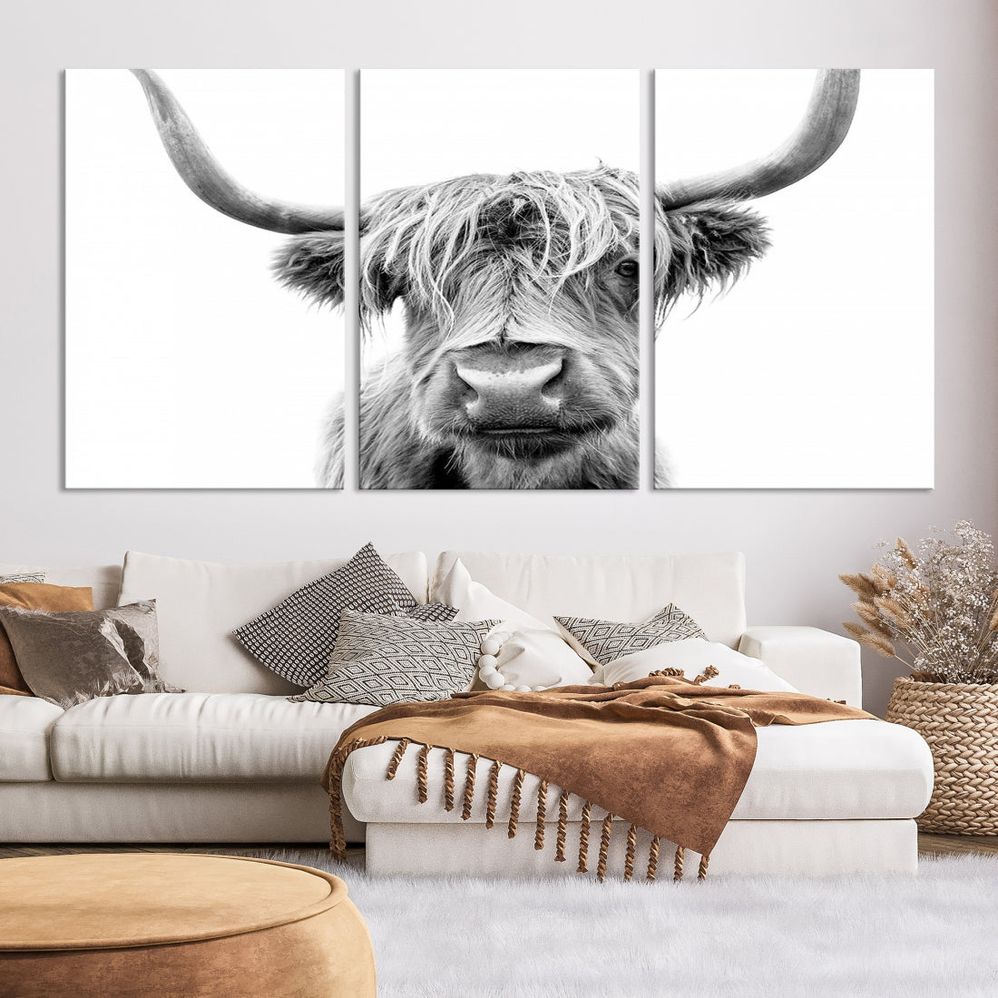 Highland Cow Canvas Wall Art Farmhouse Decor Cow Black White Print Rustic Wall Decor Animals Painting Scottish Cow Wall