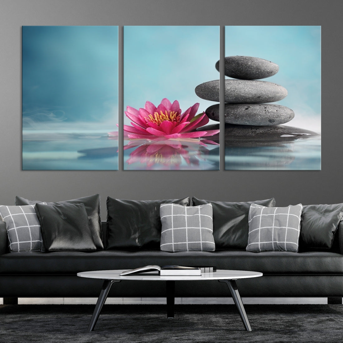 Large Wall Art Floral Canvas Print - Water Lily and Zen Stone in a Serenity Pool