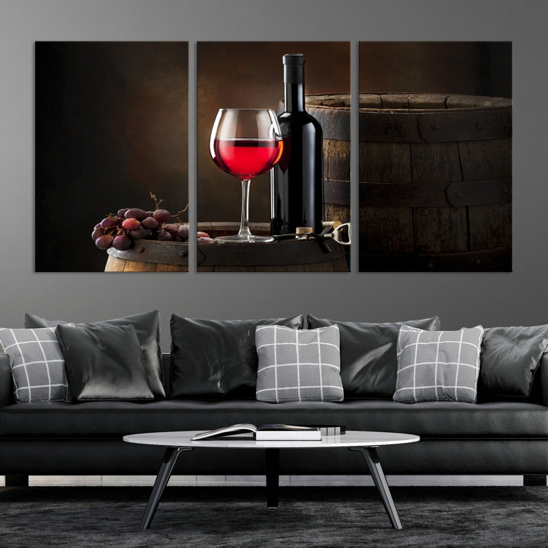 Lienzo decorativo con botella de vino tinto y tun para pared grande