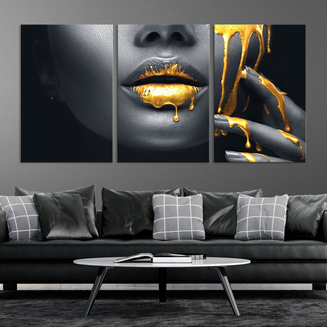 Gold Lips and Black Woman Makeup Canvas Wall Art Print Canvas Art Lips Print Fashion Beauty Extra Large Split Canvas Art Framed