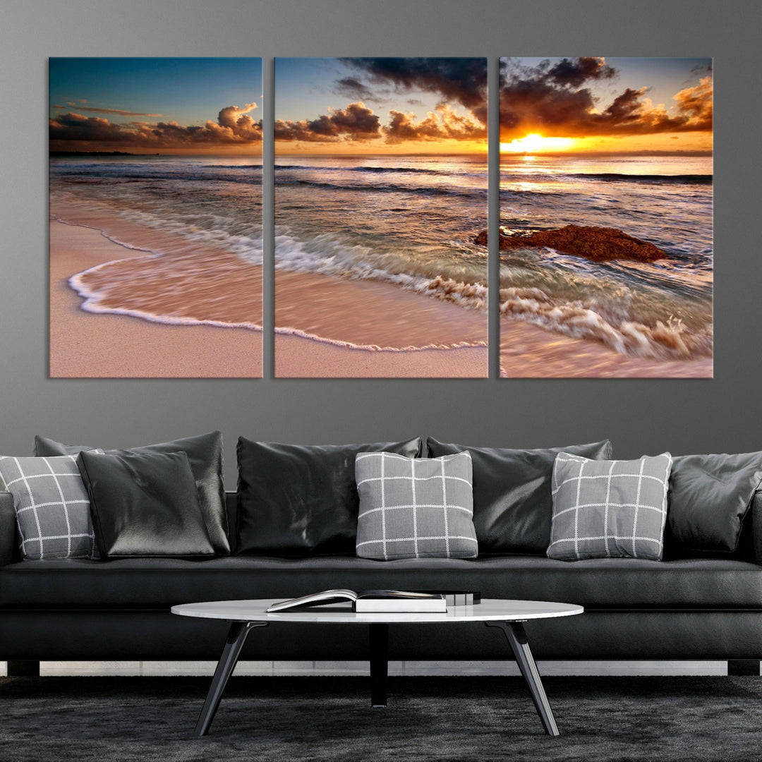 Brilliant Sunset and Calm Beach Waves Canvas Wall Art Print