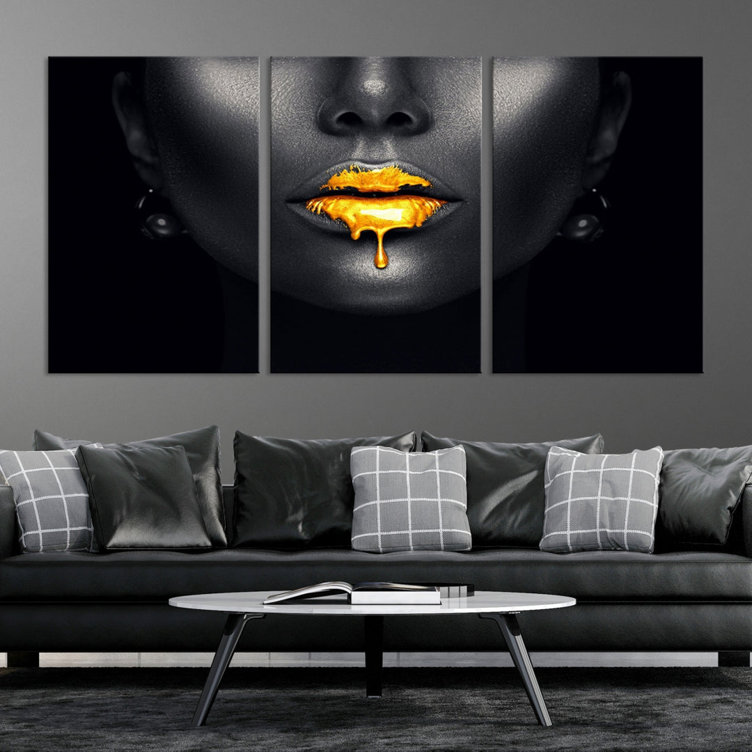 Labios dorados de miel y mujer negra fotografía lienzo pared arte impresión maquillaje lienzo arte labios impresión moda belleza Split