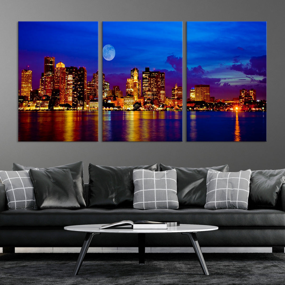 Boston City Lights Pleine Lune Nuit Bleu Skyline Cityscape View Wall Art Impression sur toile