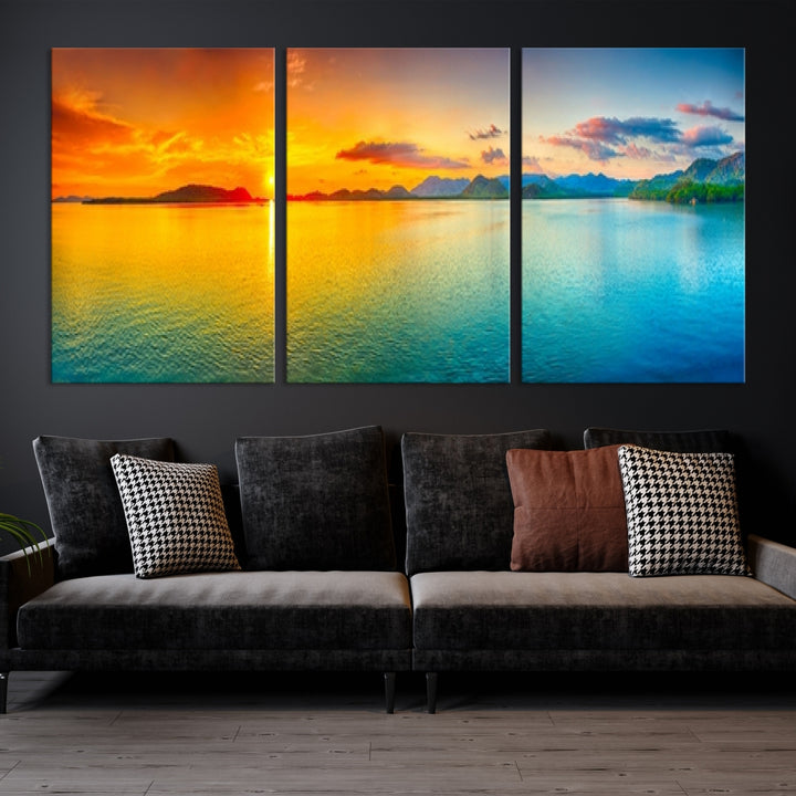 Impresión en lienzo de arte de pared grande, puesta de sol colorida, mar y montaña para decoración de sala de estar