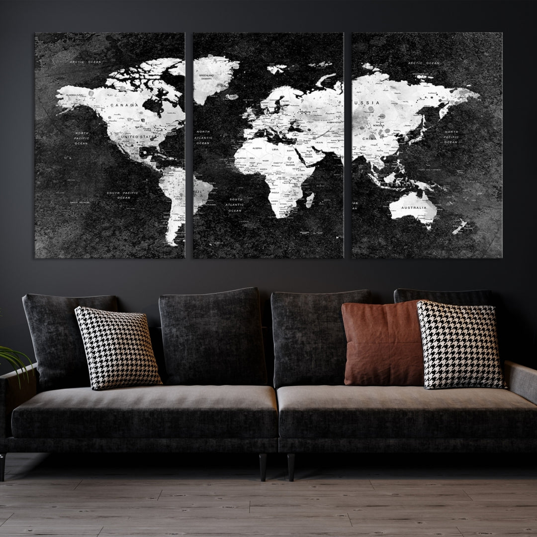 Black World Map Wall Art Canvas Print