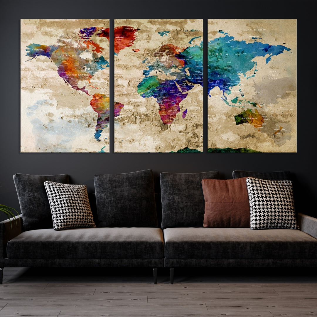 77991 - Mapamundi en acuarela, arte mural, impresión en lienzo | Impresión en lienzo de mapa del mundo con alfiler de arte de pared grande | Mapa mundial de viajes Lienzo