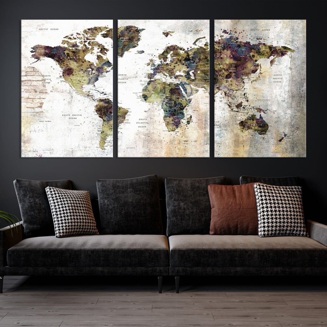 Carte du monde vintage, impression d'art mural, carte grunge sur toile, ensemble mural de galerie