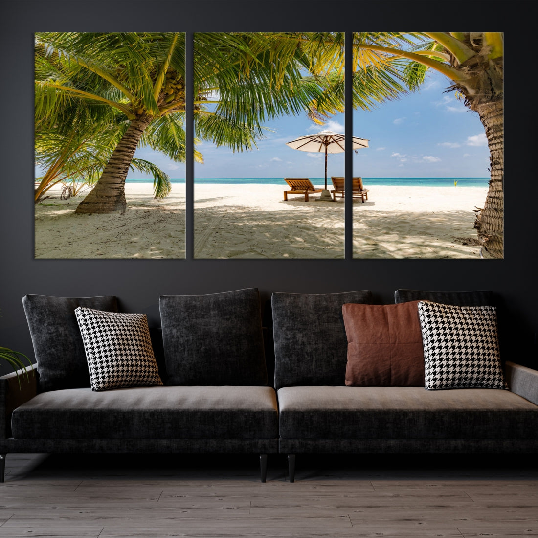 Lounge Chairs Palm Trees on Tropical Beach Canvas Wall Art Print Extra Large Beach Ocean Landscape Canvas Art