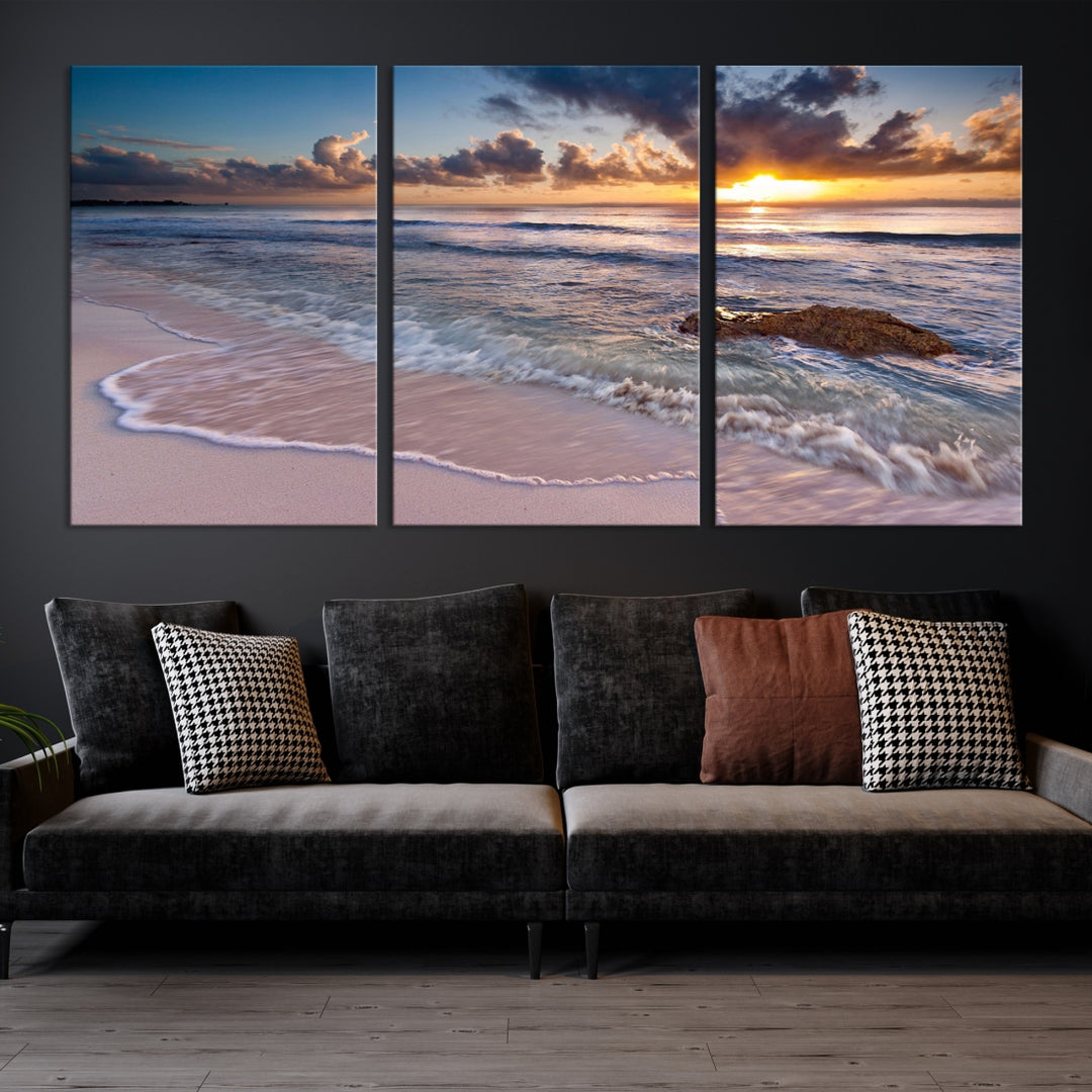Hermosa puesta de sol en la playa tropical lienzo pared arte impresión gran océano playa arte de la pared