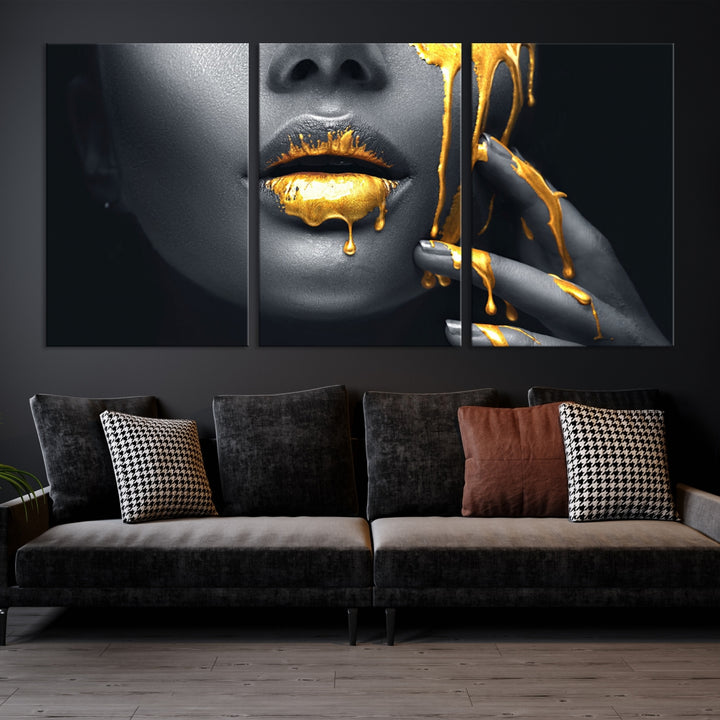 Lèvres à paillettes dorées Photographie de mode Art mural Maquillage Art mural Impression sur toile