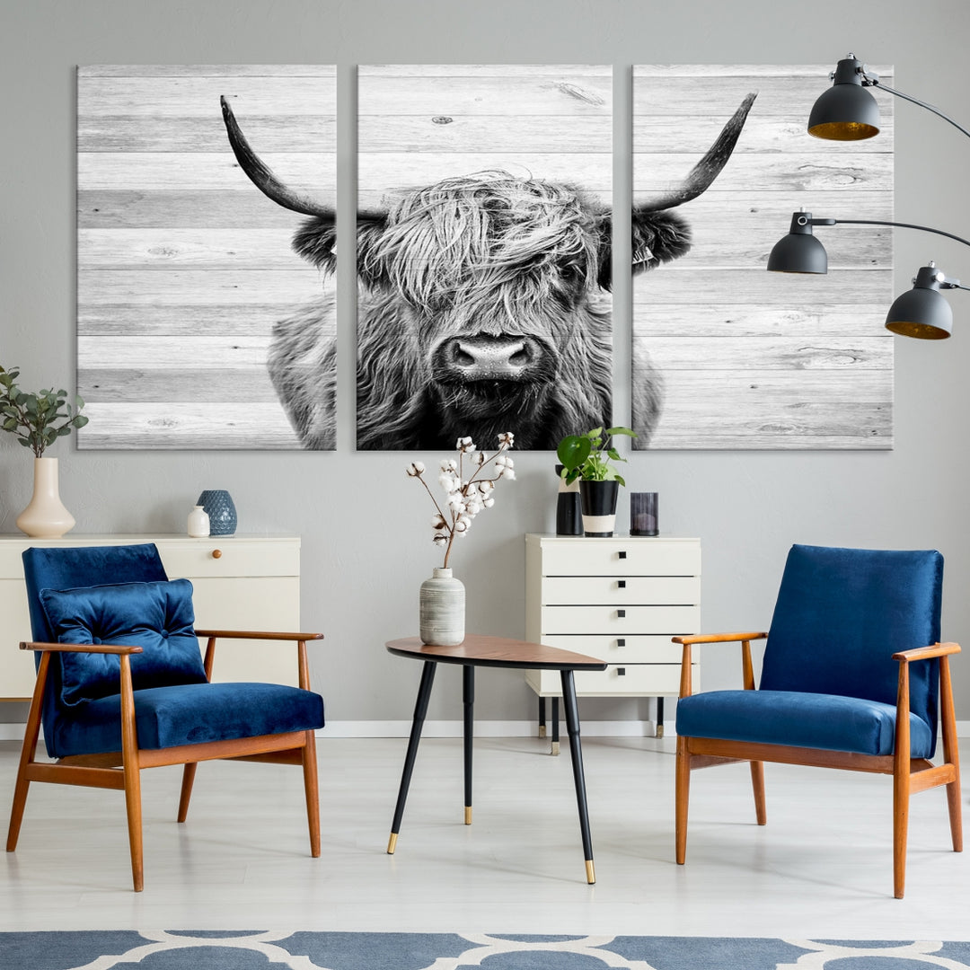 Lienzo de vaca de las Tierras Altas, arte de pared, decoración de granja, vaca, impresión en blanco y negro, decoración de pared rústica, pintura de animales, pared de vaca escocesa