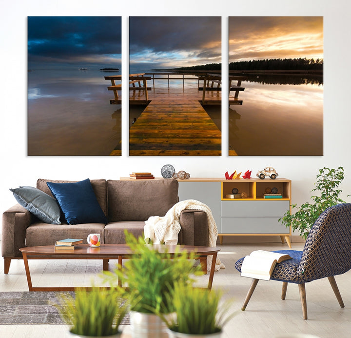 Wall Art Canvas Wooden Pier at Twilight with Forest Behind