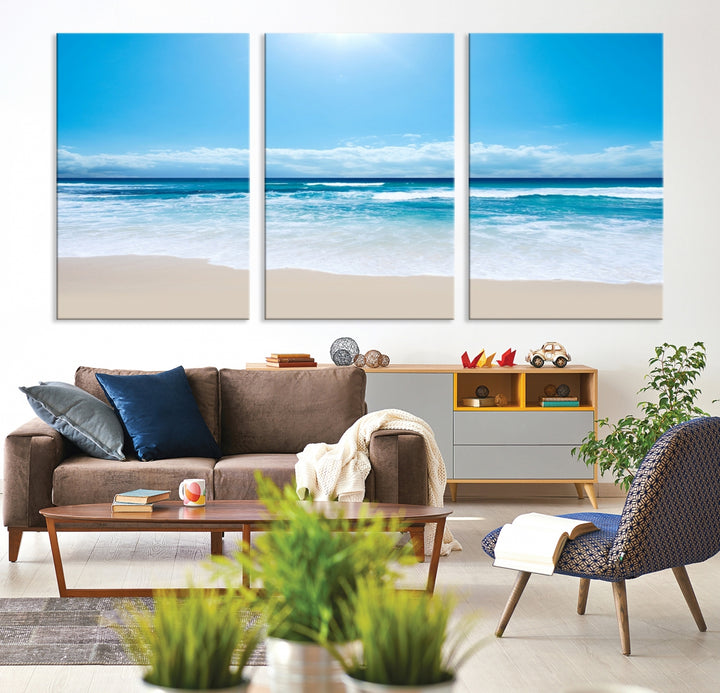 Lienzo decorativo para pared grande con estampado de mar y playa azul brillante