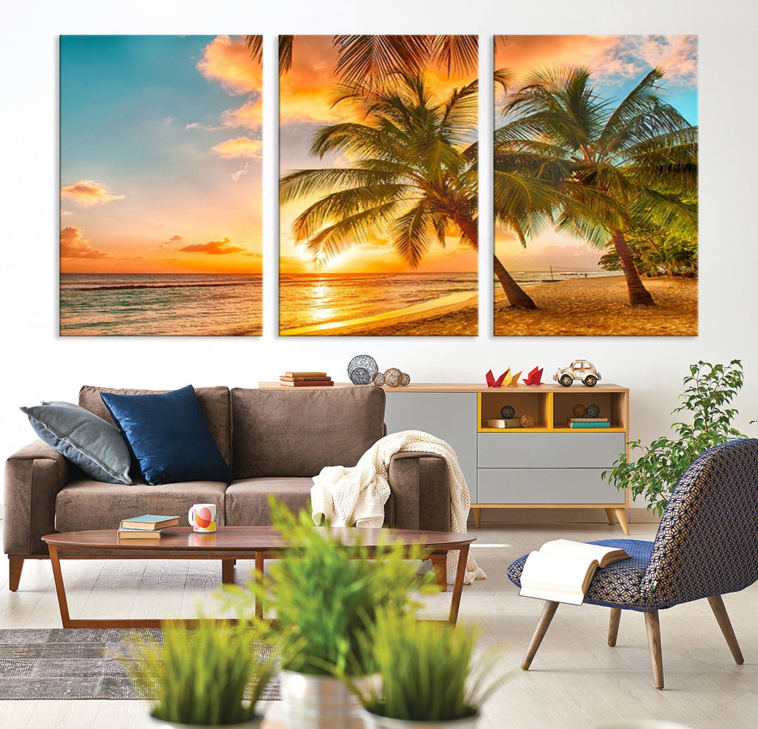Lienzo decorativo para pared grande, hermosas palmeras en la playa al atardecer
