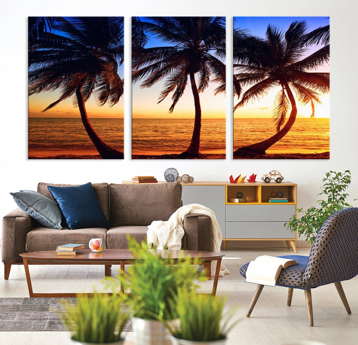 Wall Art Canvas Curve Palms at Sunset on Beach