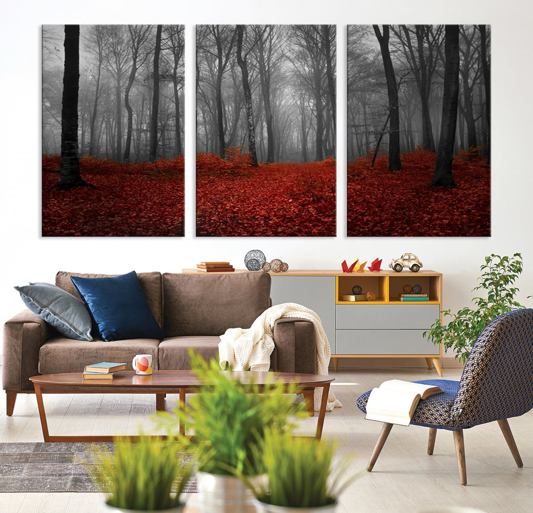 Impression sur toile de paysage d'art mural, forêt merveilleuse avec des feuilles rouges au sol