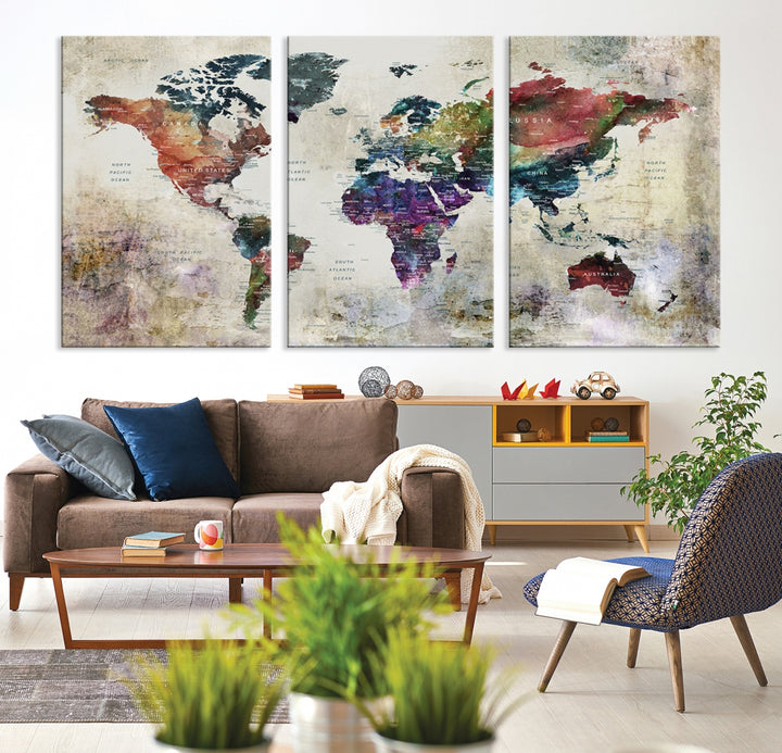 59504 - Impresión artística de pared con mapa del mundo vintage - Mapa grunge sobre lienzo Galería de pared Juego de 3 paneles Regalo para viajeros, mapa del mundo abstracto grande para sala de estar, comedor, cocina, decoración de oficina