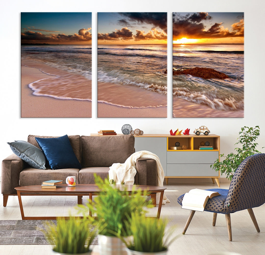 Brilliant Sunset and Calm Beach Waves Canvas Wall Art Print