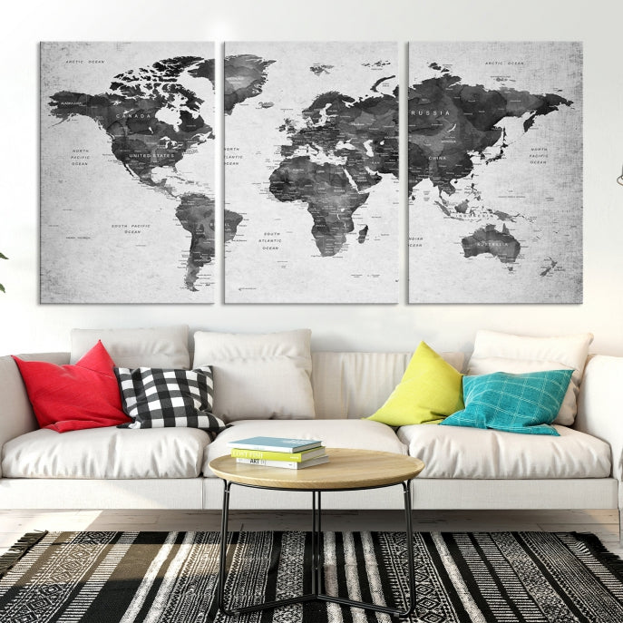 Carte du monde noire Push Pin Travel Lover Wall Art Impression sur toile