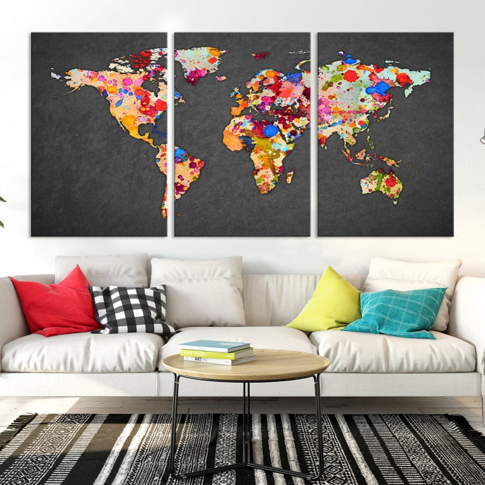 Large Wall Art World Map Watercolor Canvas Print - Splashed World Map Canvas Print - Large Travel Map
