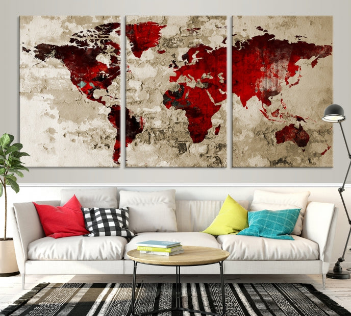 Mapa del mundo rojo grunge de arte de pared grande Lienzo