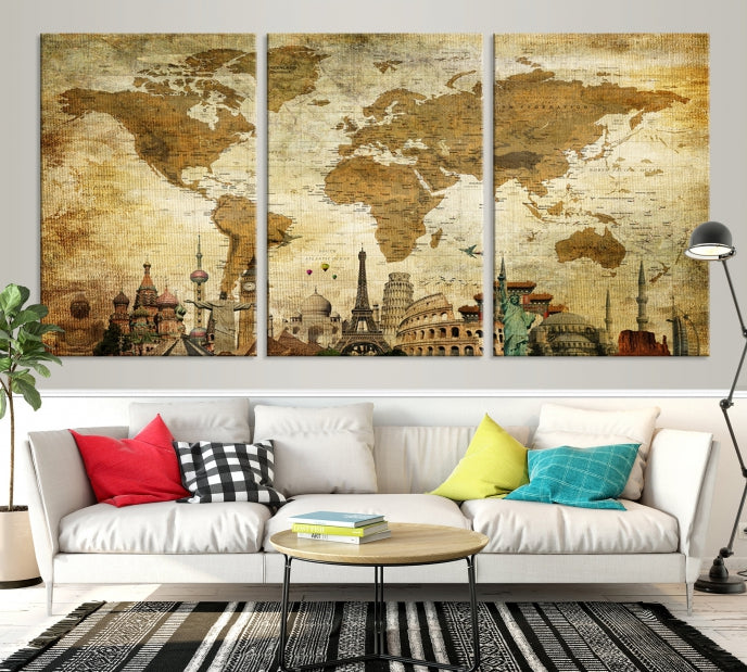 Sepia World Map Wall Art Wonder of World Canvas Print