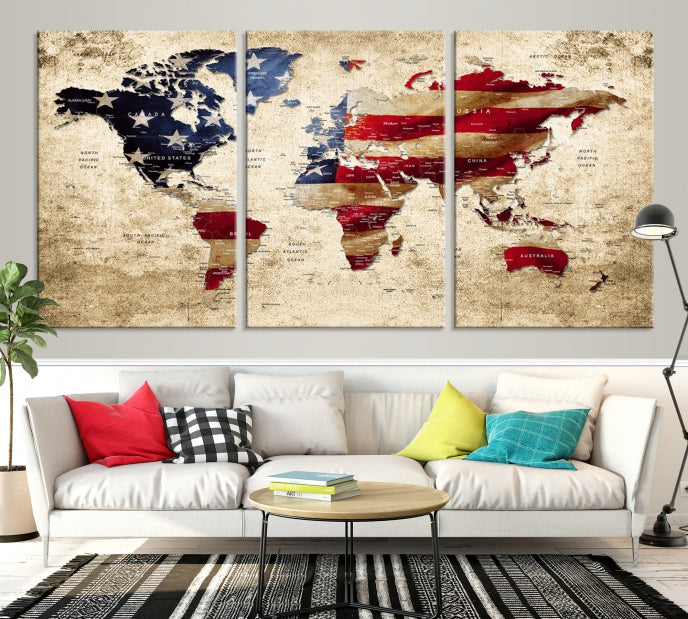 Bandera de Estados Unidos y mapa del mundo Grunge Lienzo Grande