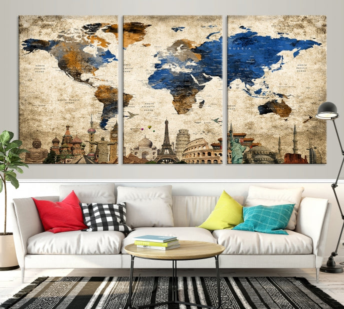 Art mural Carte du monde et merveilles Impression sur toile